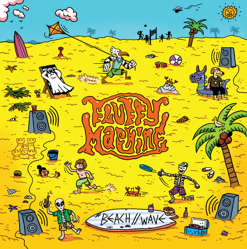 Fluffy Machine – Beach // Wave: Buntes Illustration-Albumcover mit Strandszene, Skeletten, Aliens und Lautsprechern.